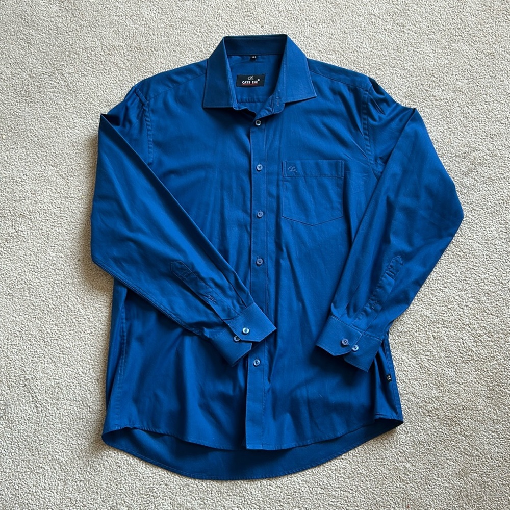 Blue Long-Sleeve Dress Shirt Classic Collar